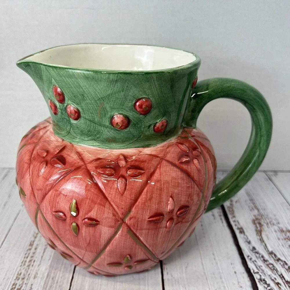 Vtg 1995 Llauter Collection Pitcher Jar Green Pink Gold Ceramic Strawberry